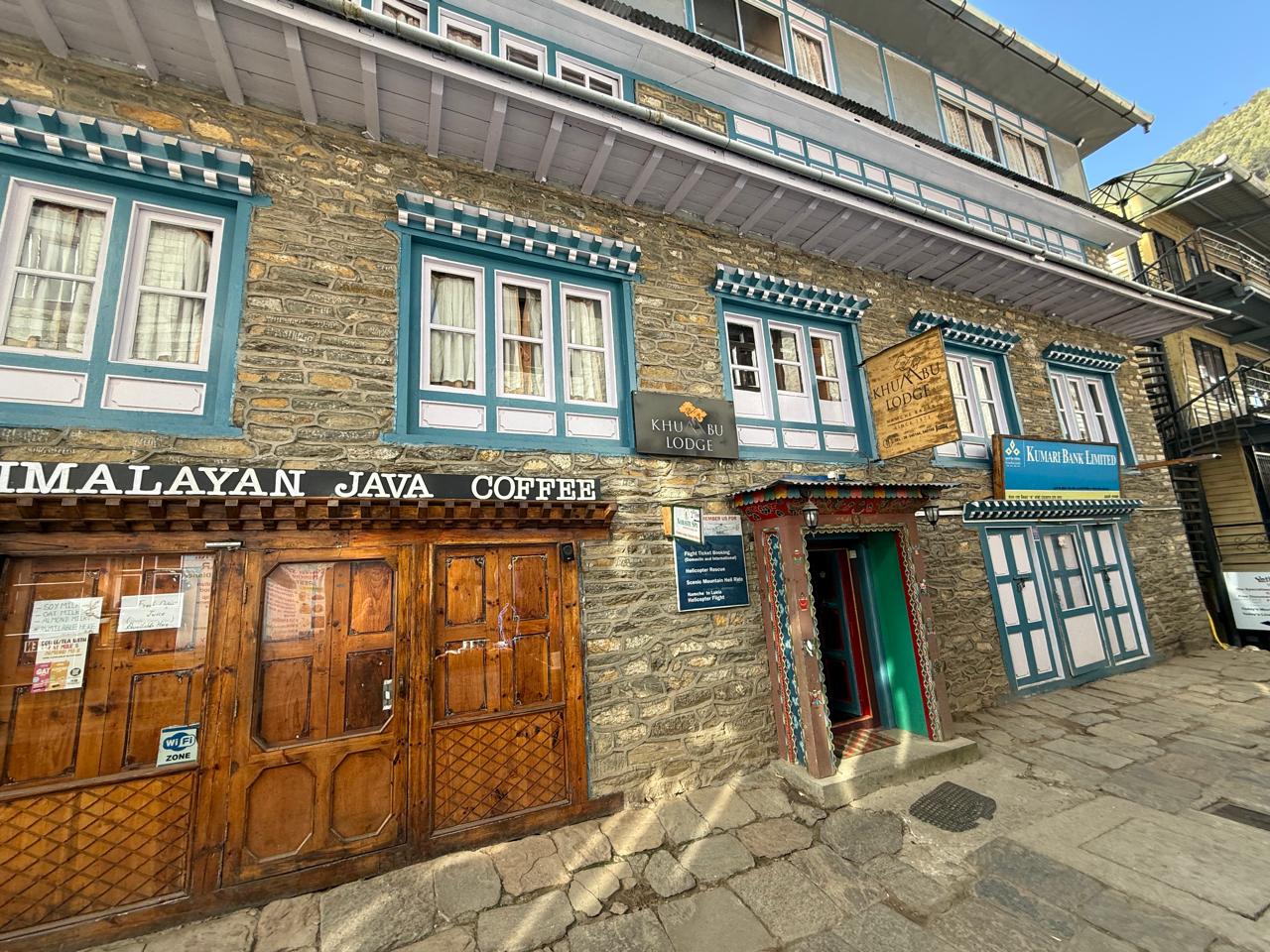 The lodge frontage in Namche Bazaar, with Himalayan Java Coffee below